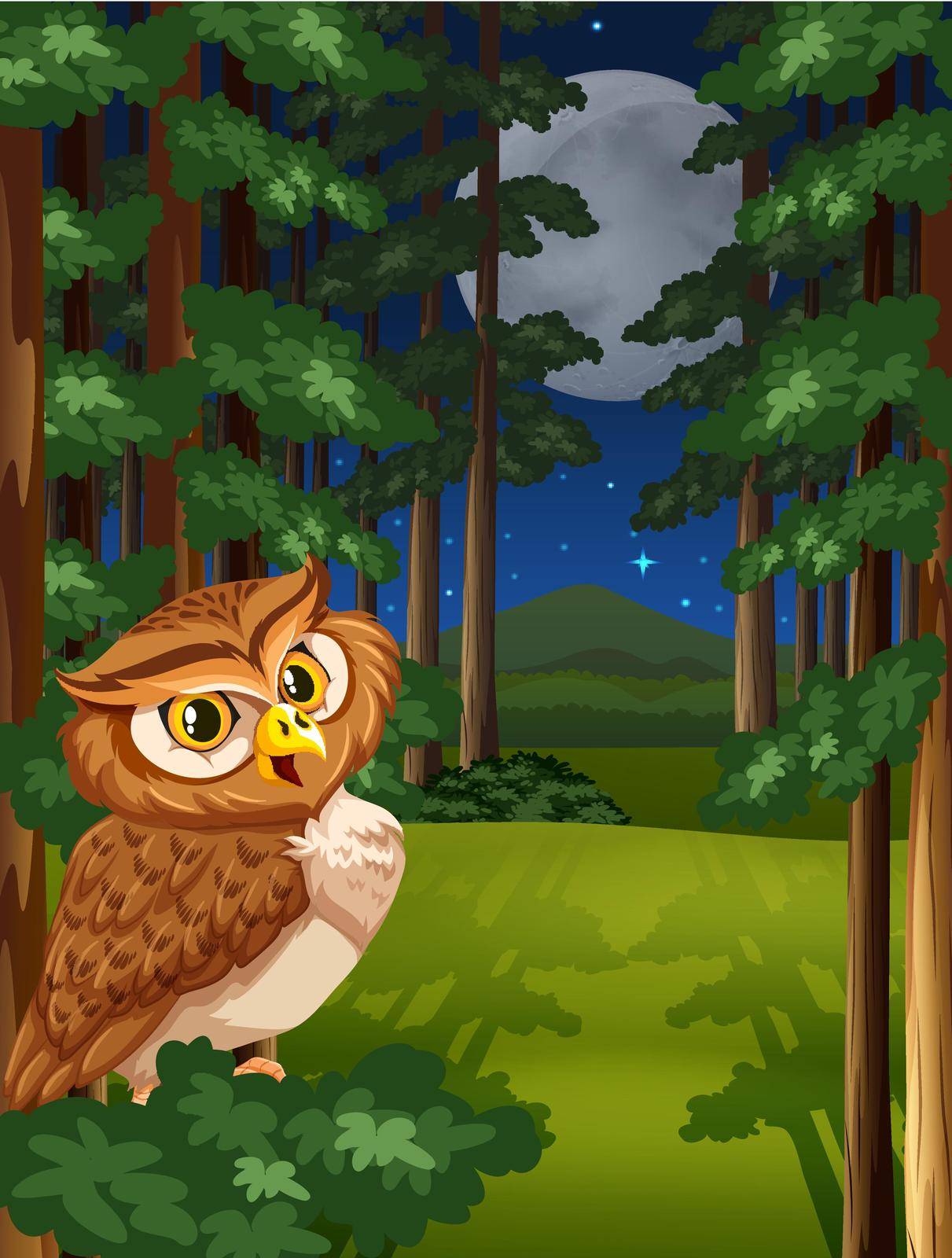 Brown owl sitting on a tree on full moon night