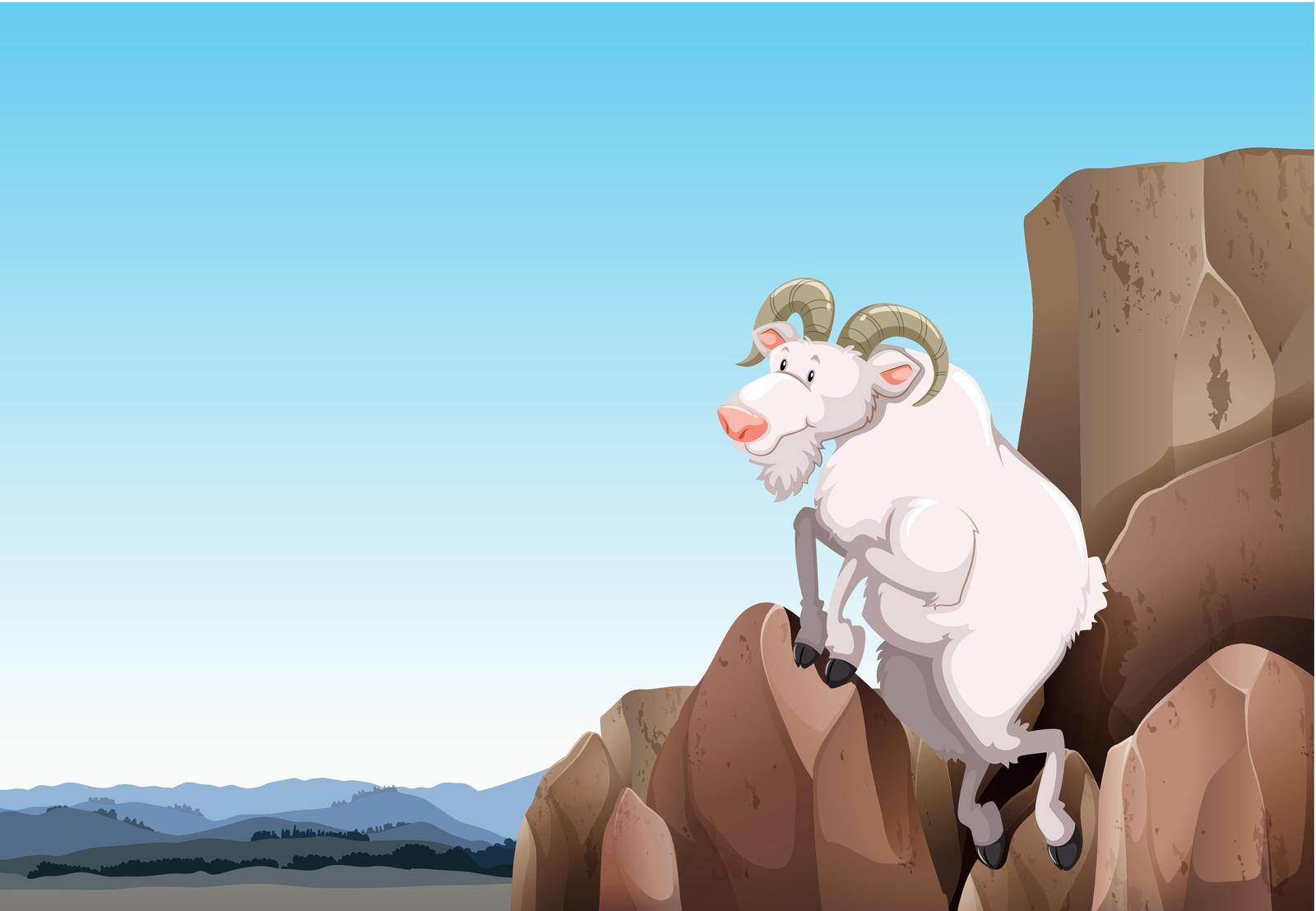 White goat climbing on a mountain