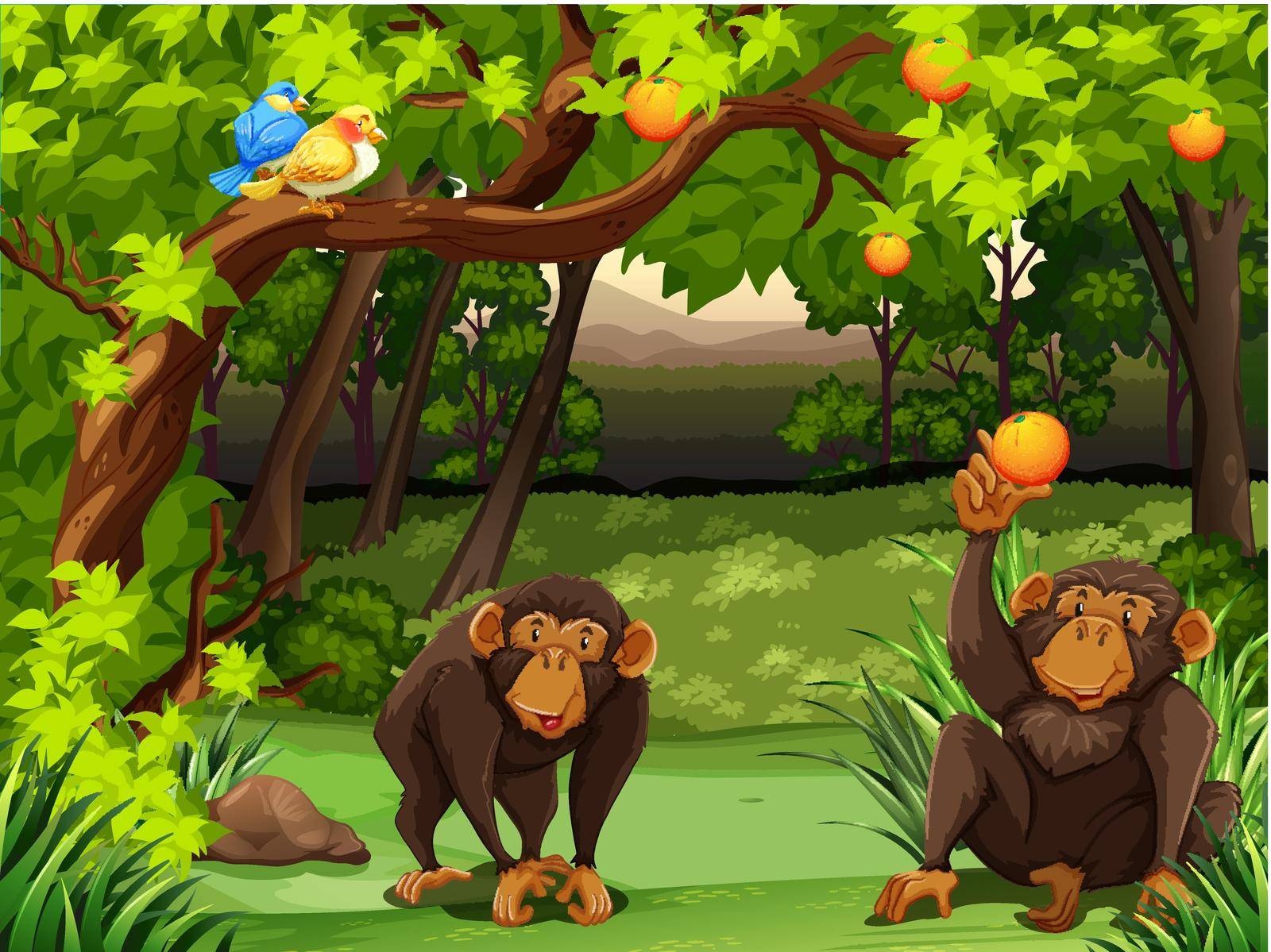 Two monkies sitting under orange tree