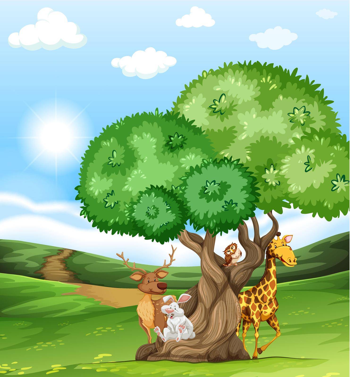 Animals sranding under a big tree