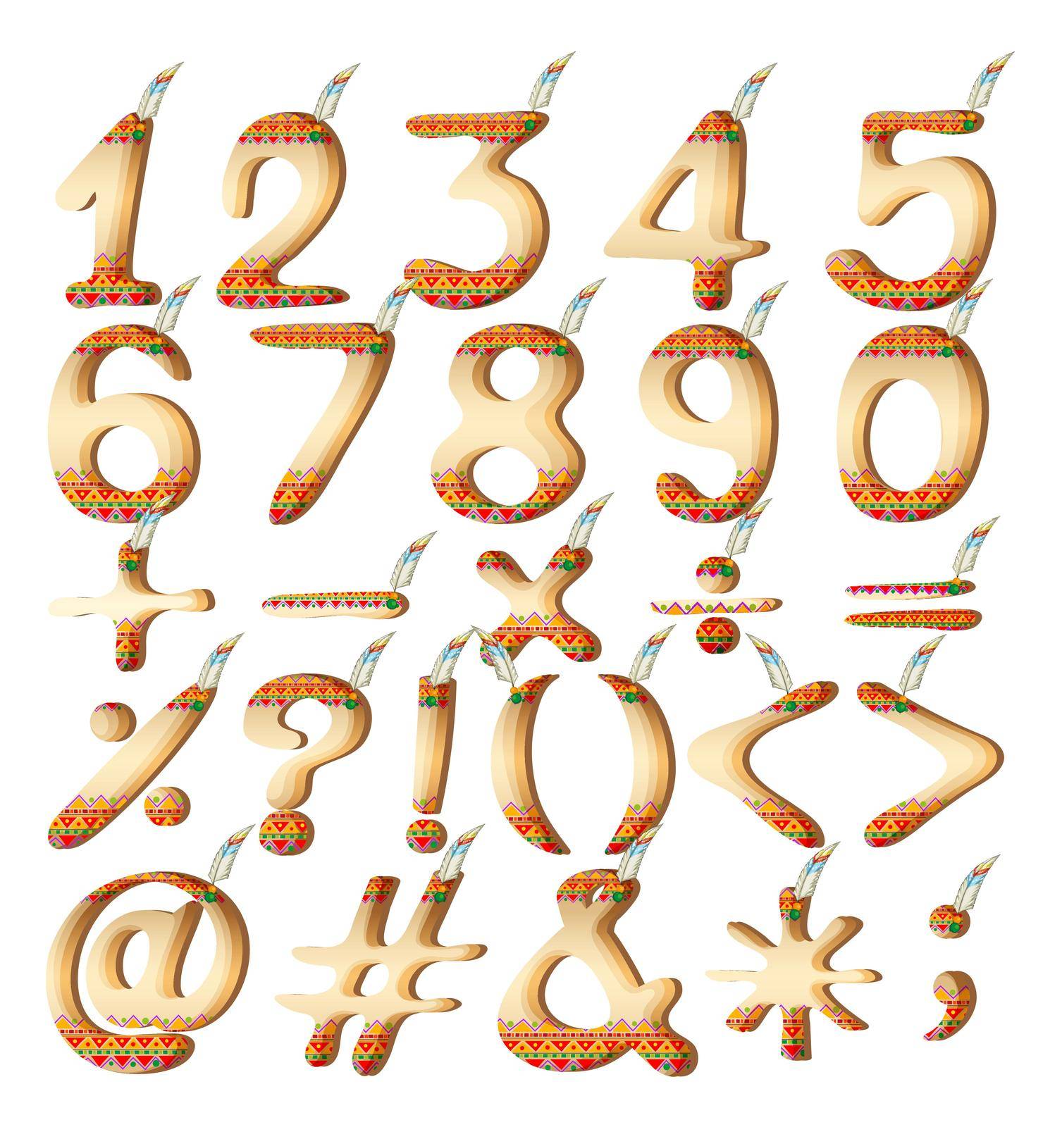 Set of numeric figures in Indian artwork on a white background