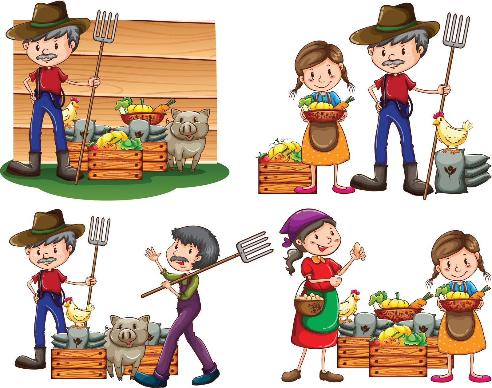 Set of farmers with their harvested goods and animals on a white background