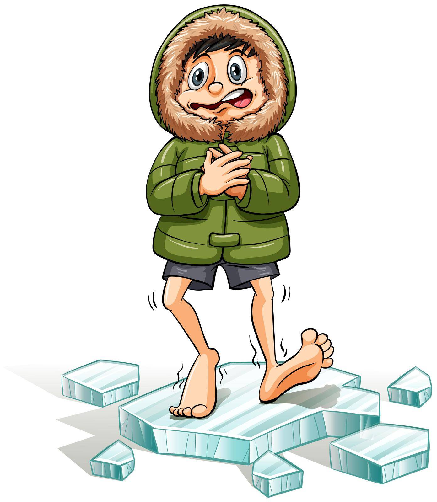 An idiom showing a boy getting a cold feet on a white background