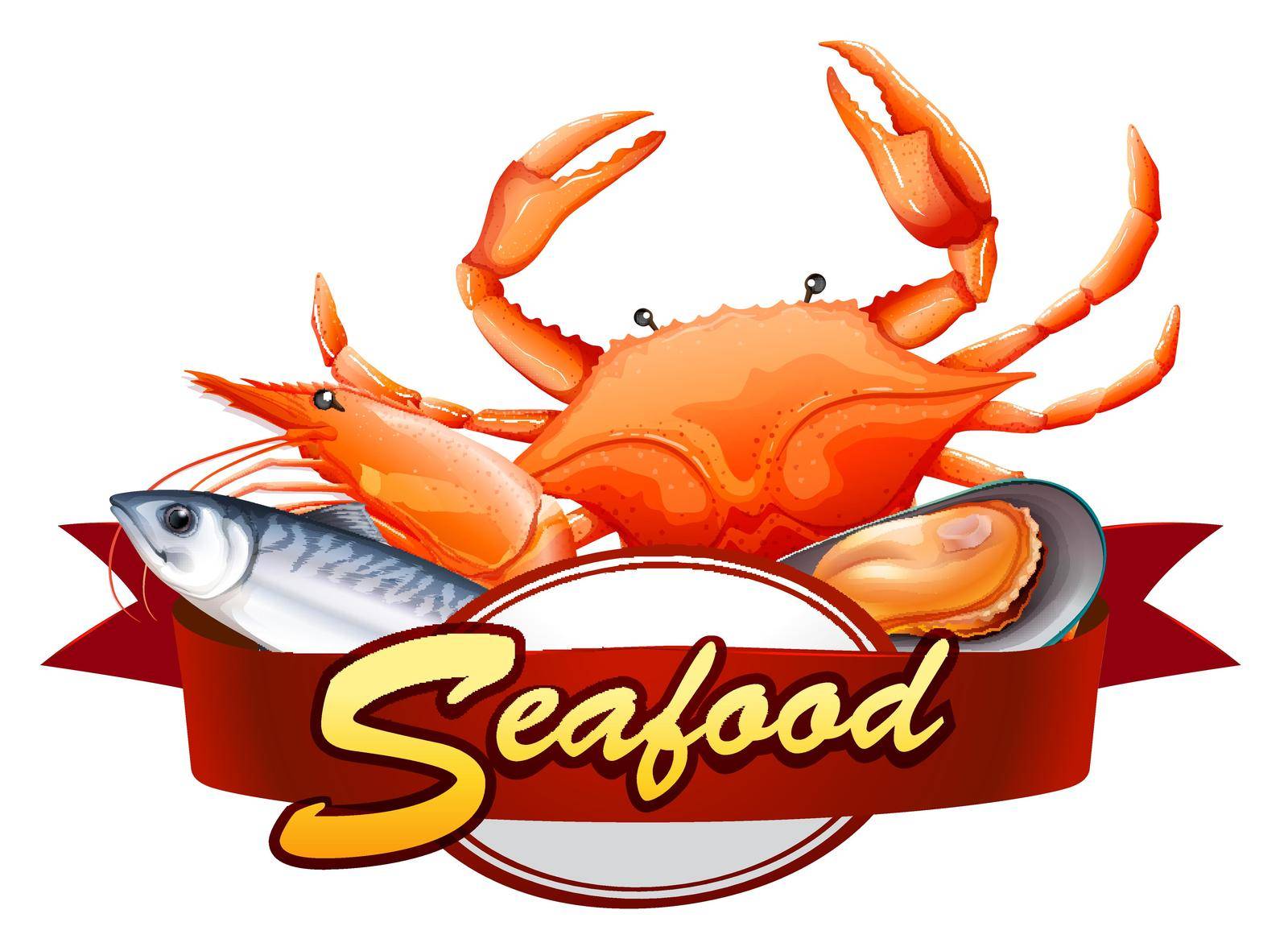 All kind of seafood with red banner