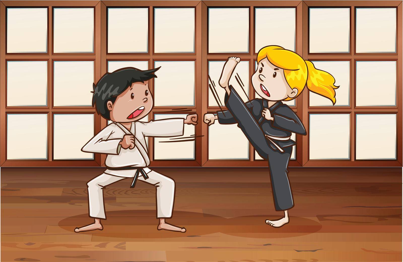 Man and woman practice martial arts in the room