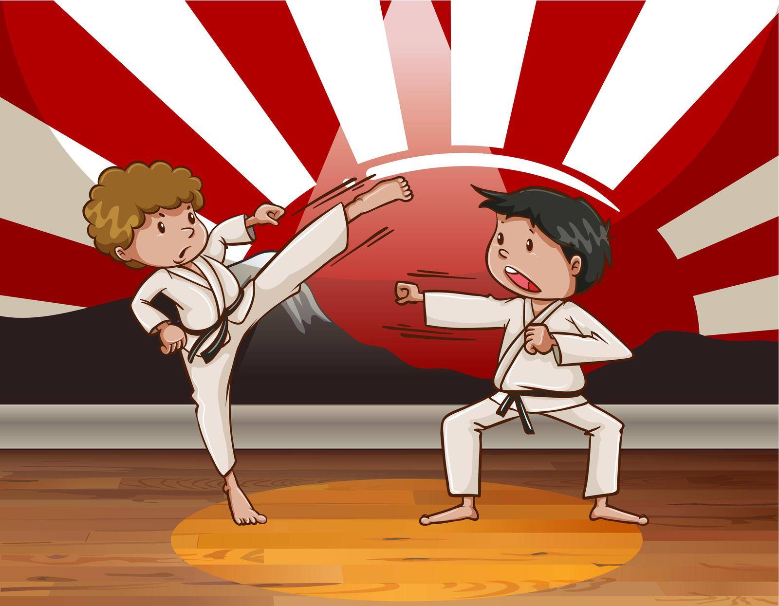 Two men doing martial arts in the room