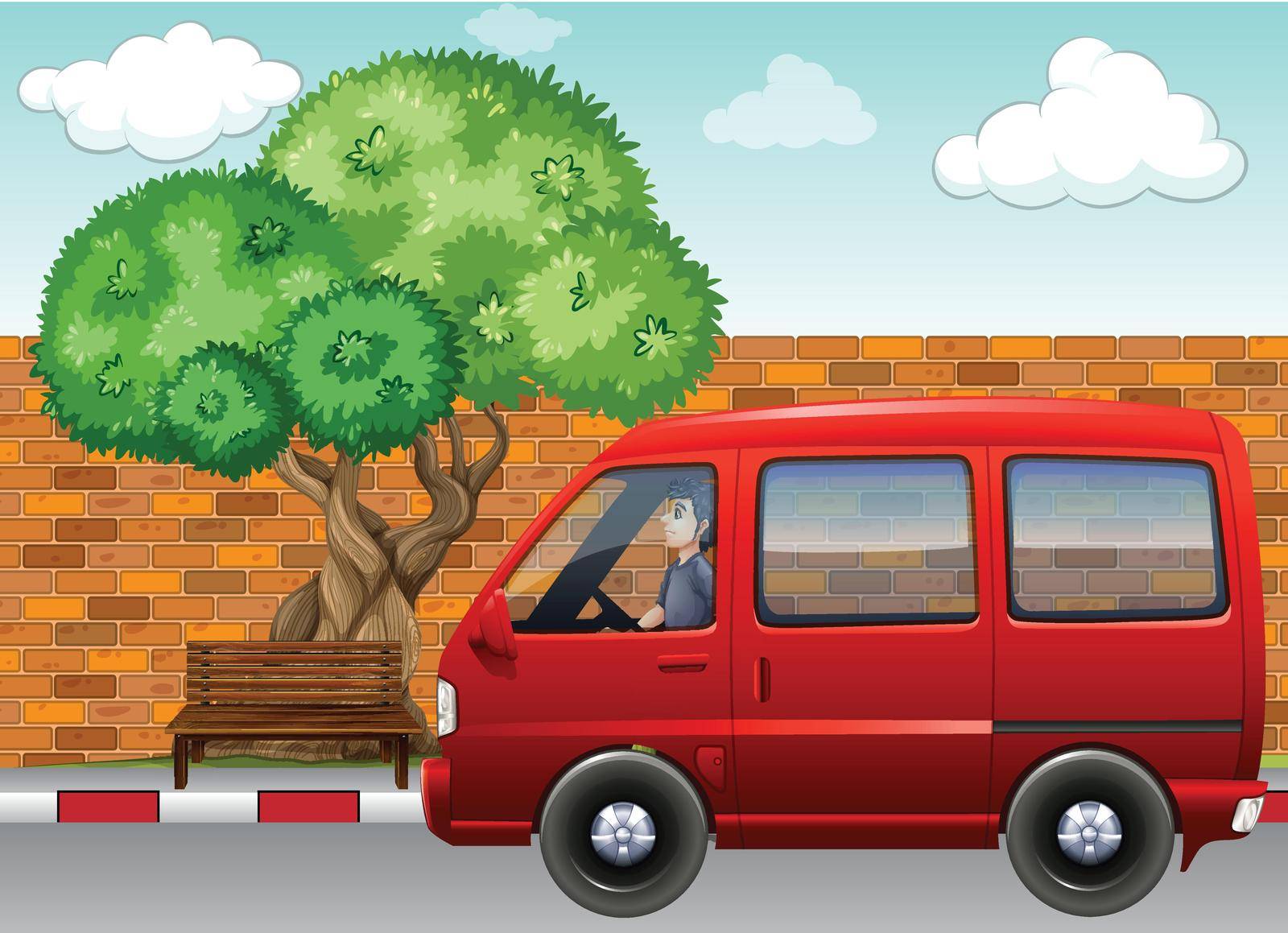 Red van parking on a street near a bench and a tree
