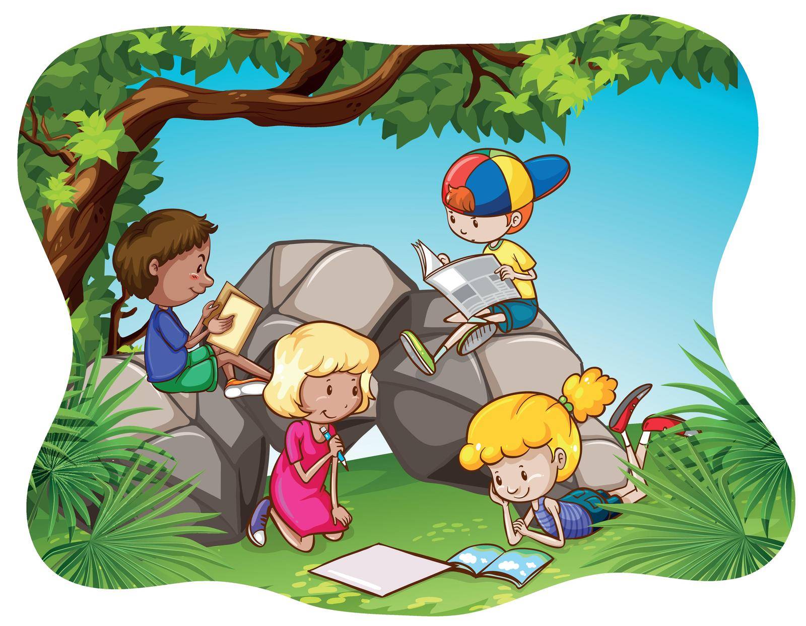 Children reading and writing in the park