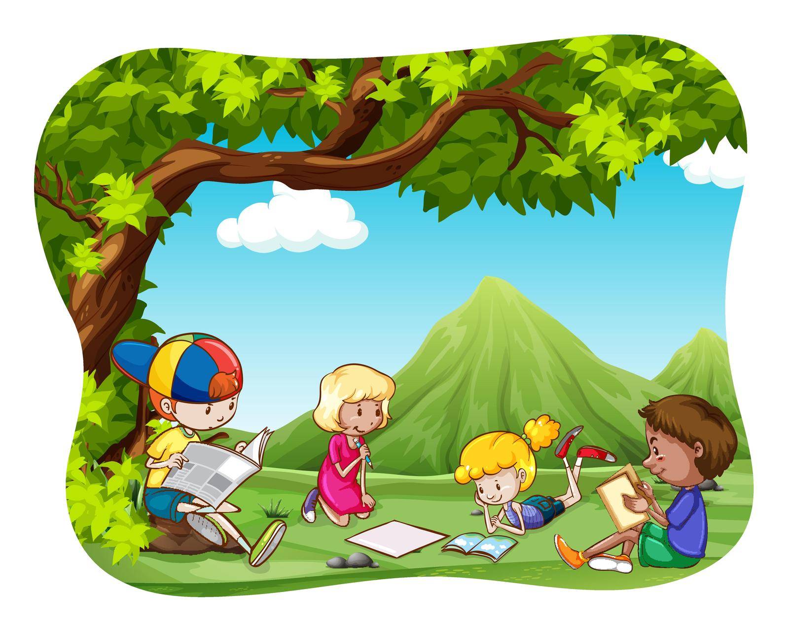 Children reading and writing in the park