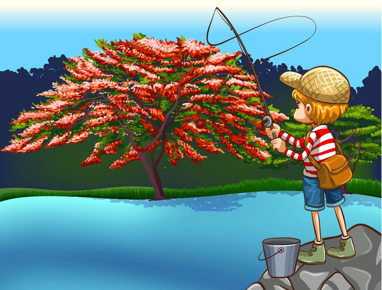 Boy fishing at the river with a beautiful nature surrounding