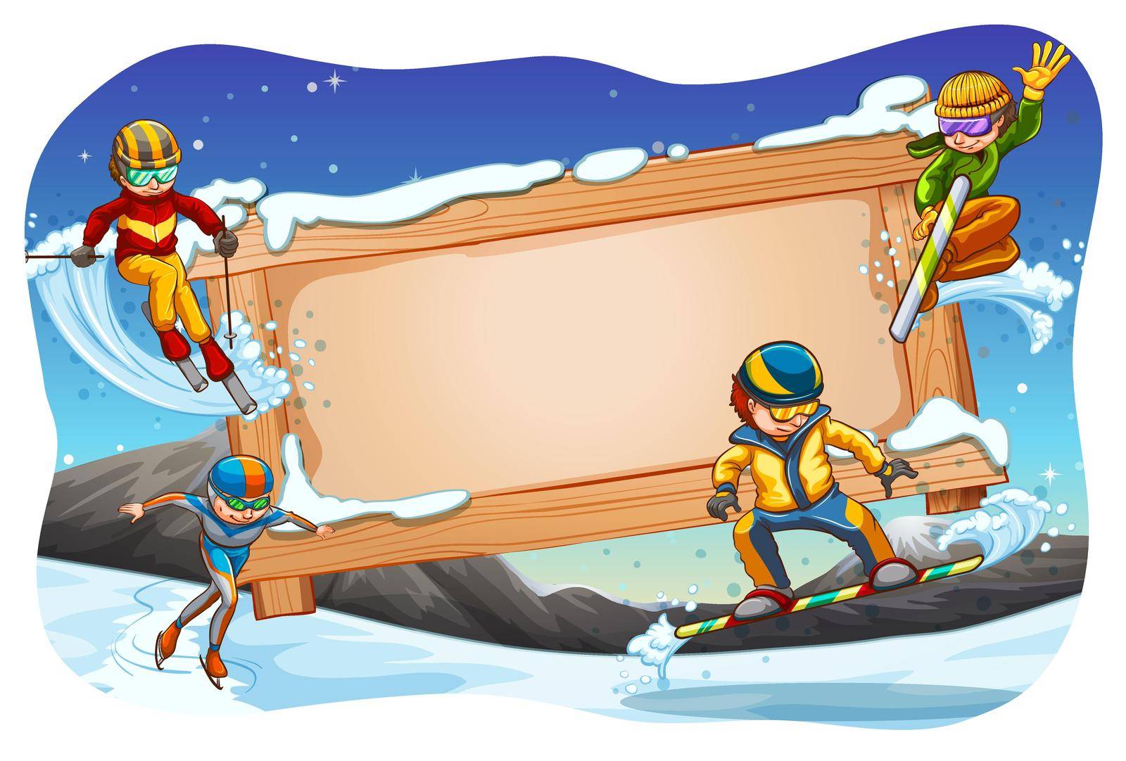 Winter sports background with wooden sign