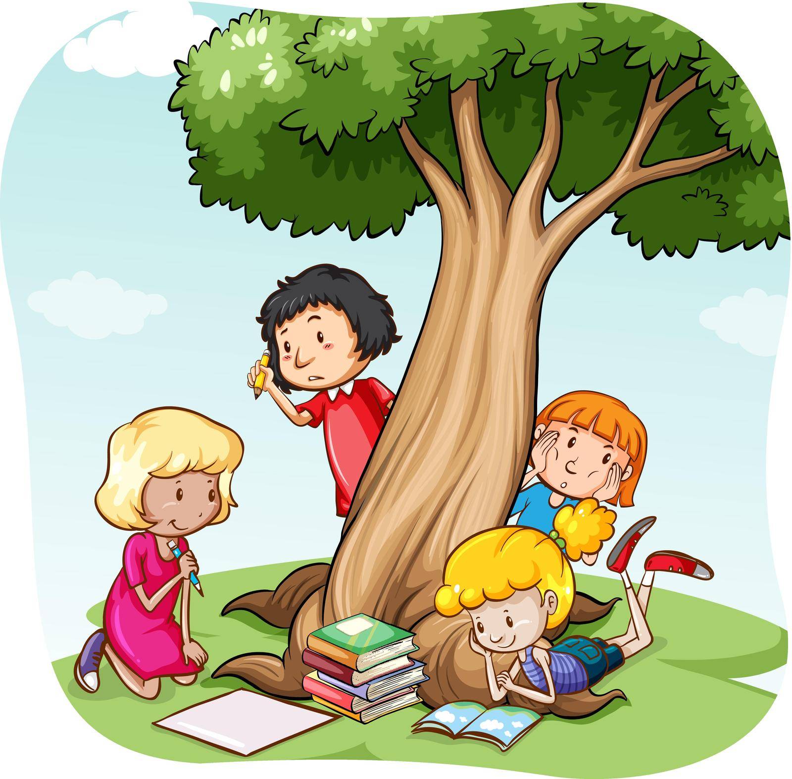 Children reading and writing under the tree