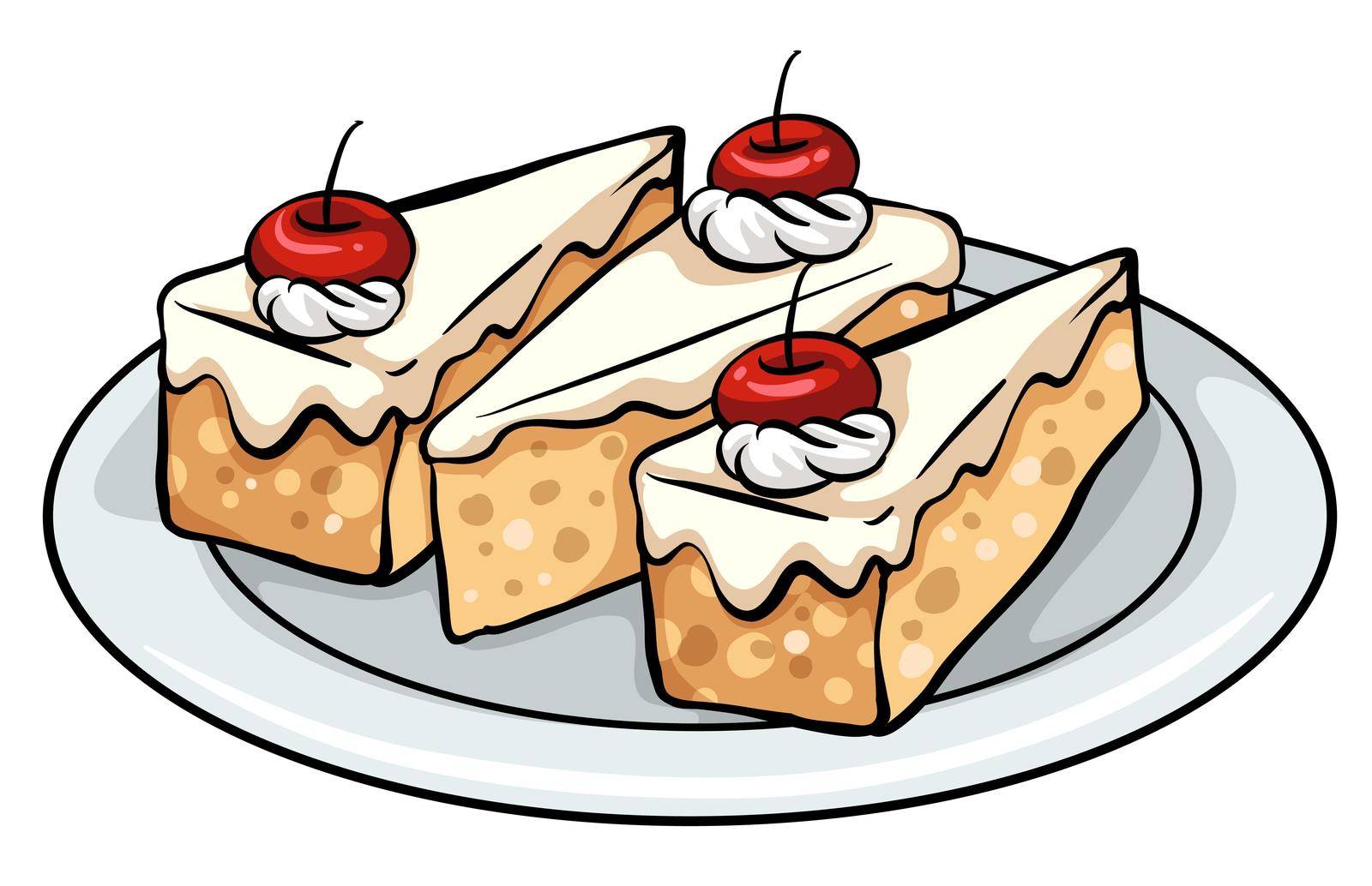 A plate with three slices of cakes on a white background