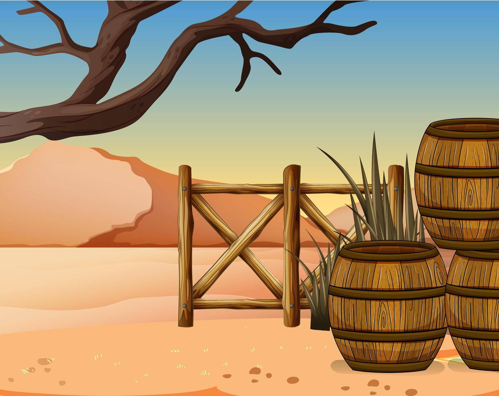 View of the desert with wooden barrels