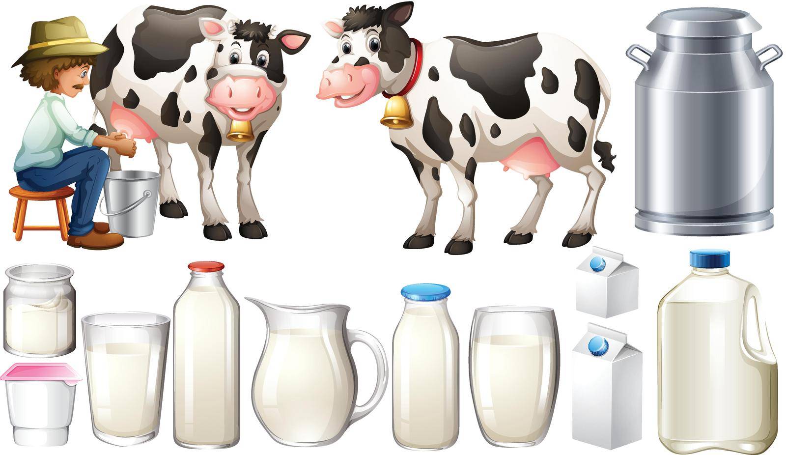 Dairy products set with farmer and milk