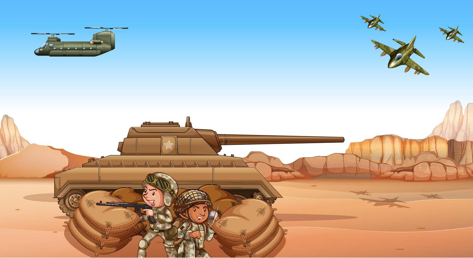 Soldiers fighting in the battle field by the tank