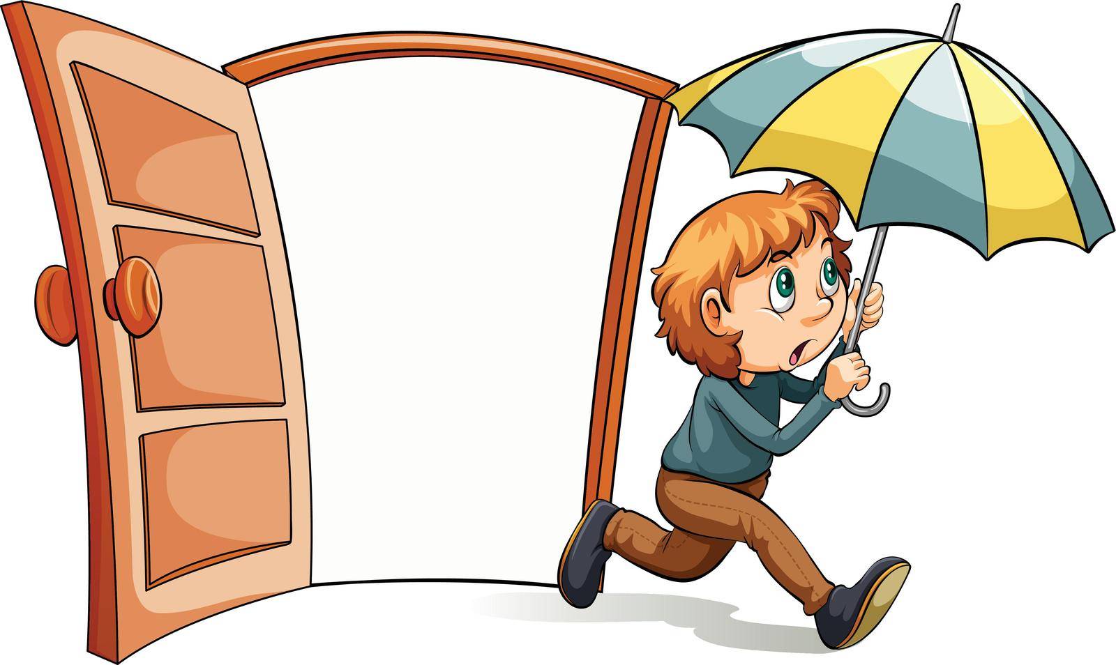 A boy with an umbrella on a white background