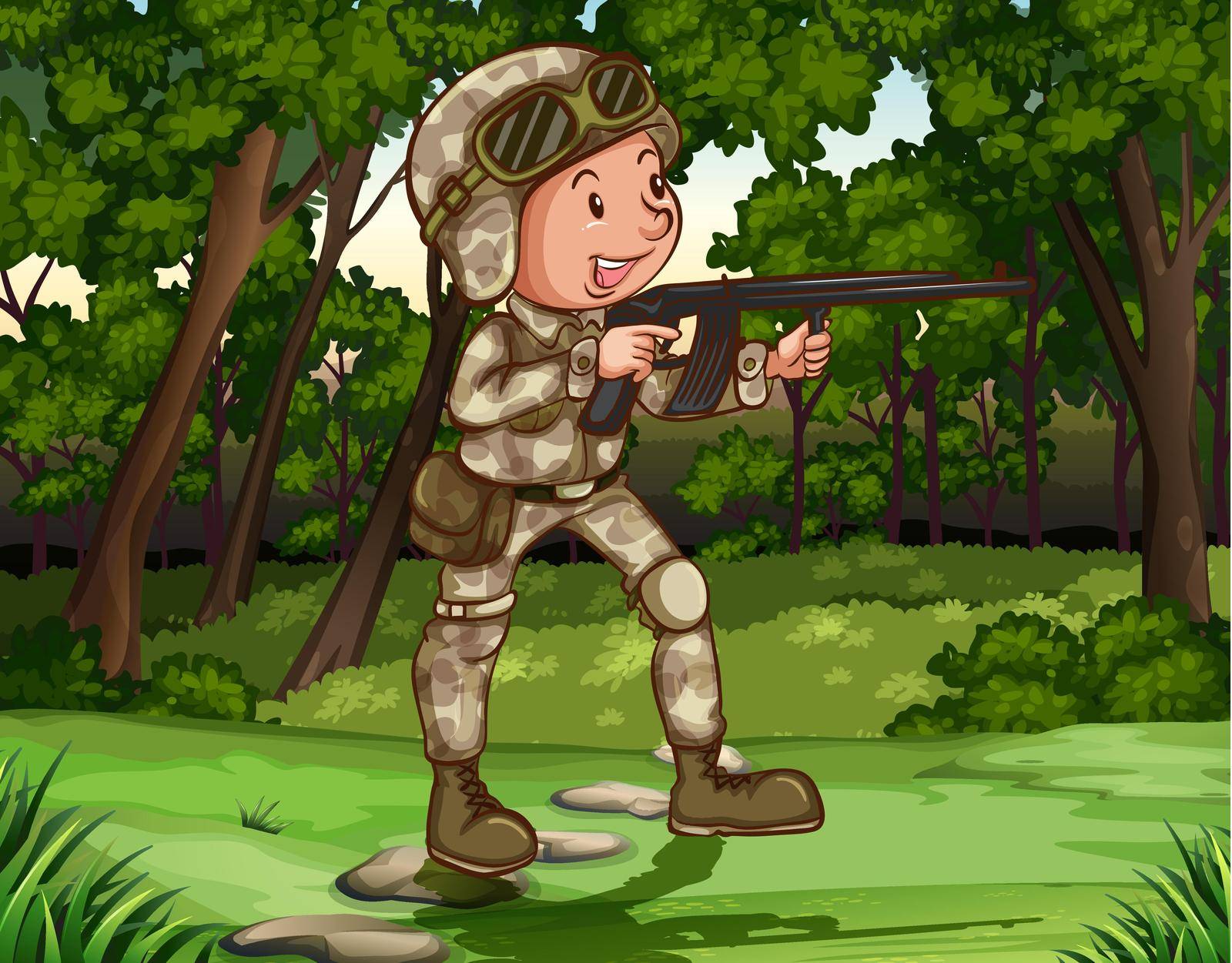 Soldier carrying a rifle gun in the jungle