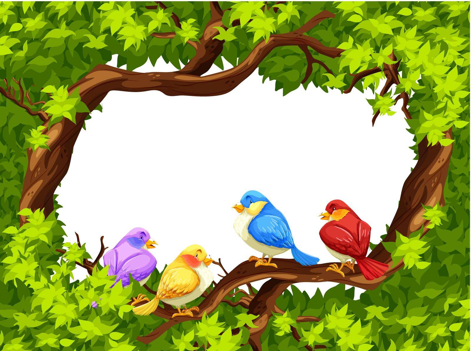 Four birds sitting on a branch of a tree