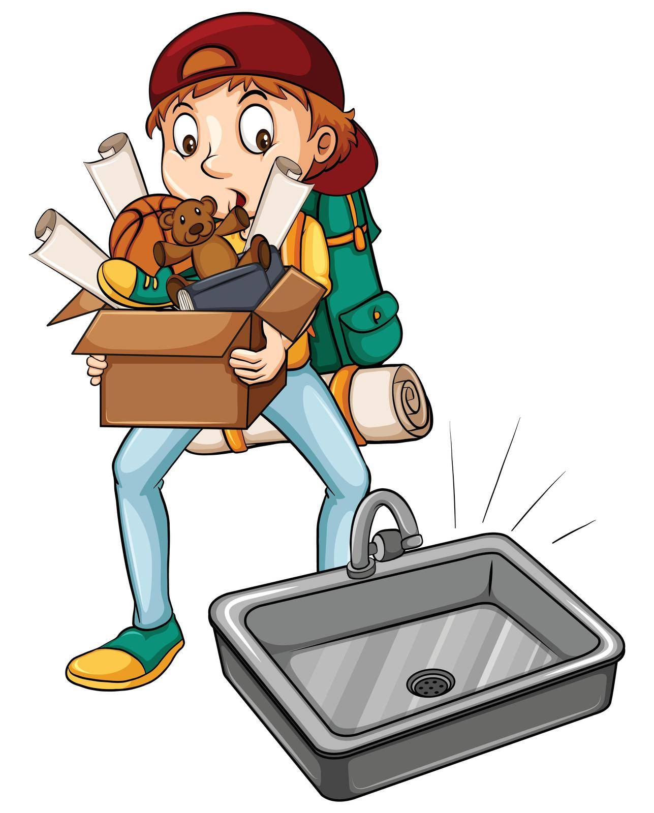 A boy carrying a box near the sink on a white background