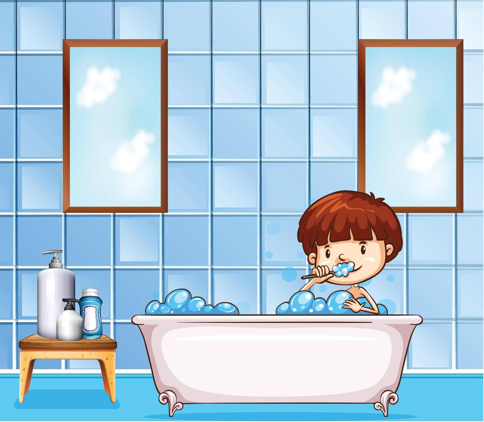 Boy sitting in a bathtub filled with bubbles in a bathroom and brushing his teeth