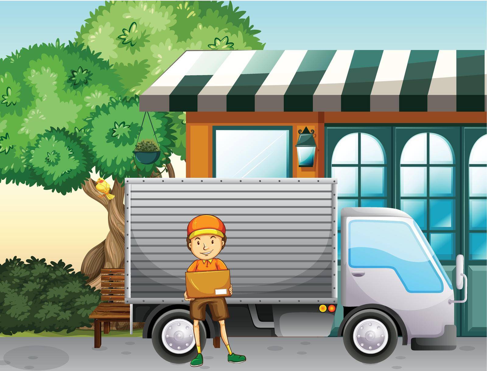 Delivery service man and truck by the shop