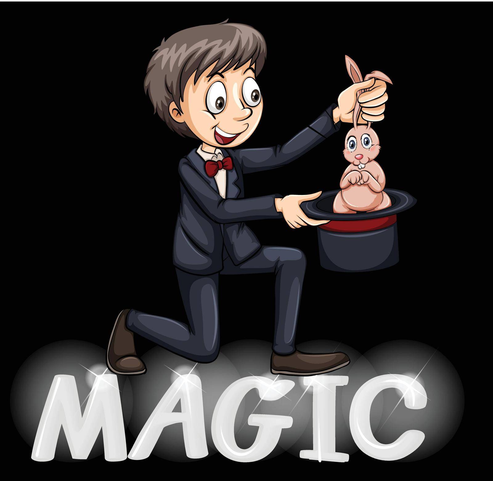 Magician using a hat with a bunny on a black background