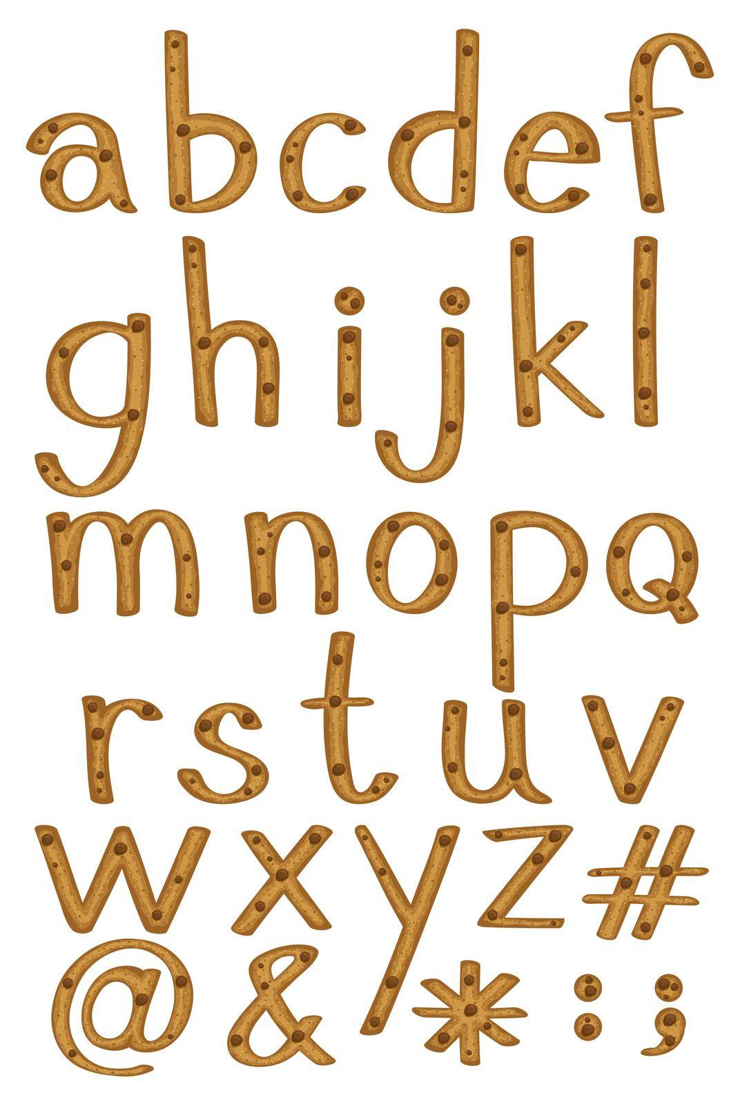 Set of alphabet and symbols in wooden pattern