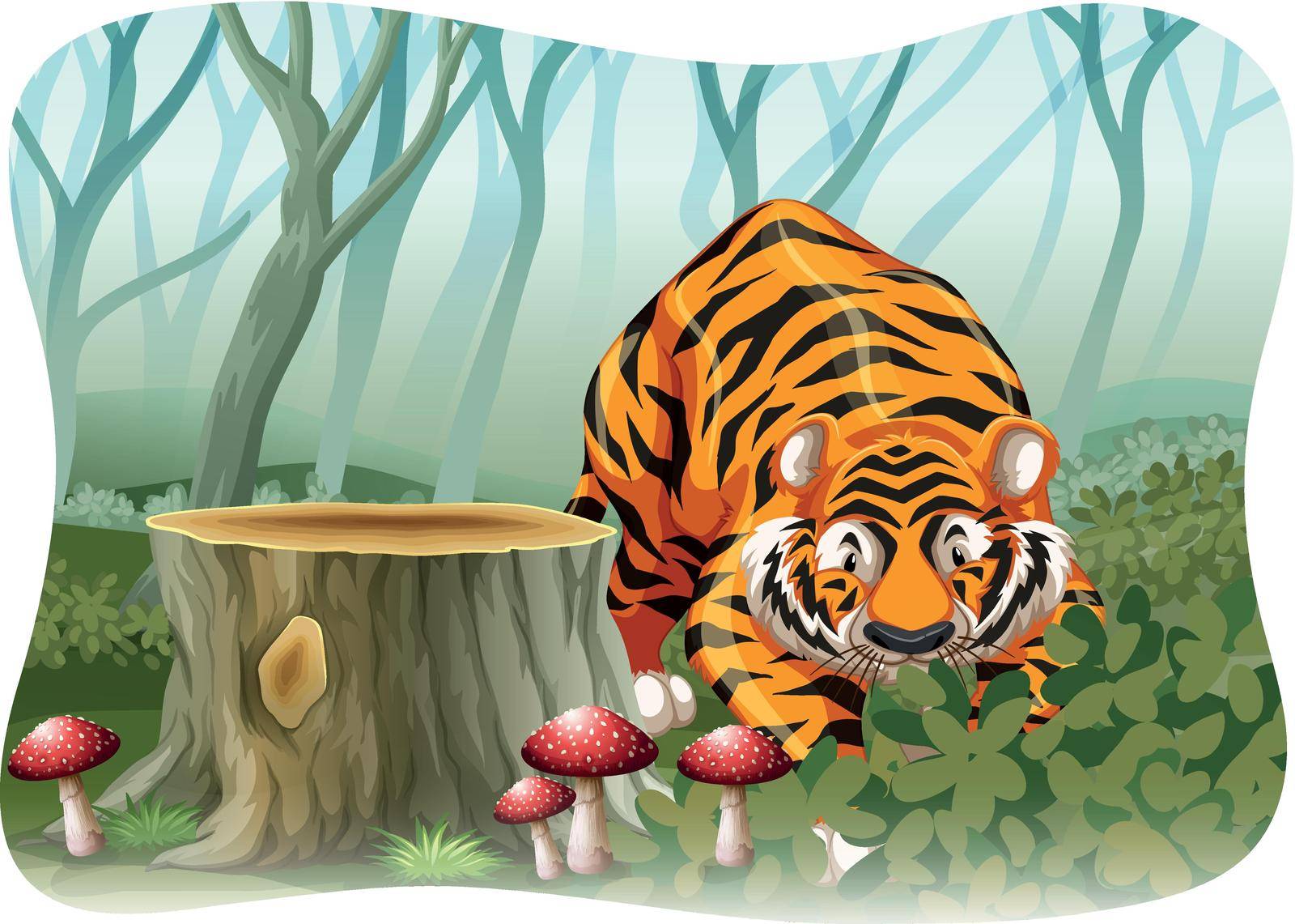 Tiger walking in a jungle with plants and mushrooms around