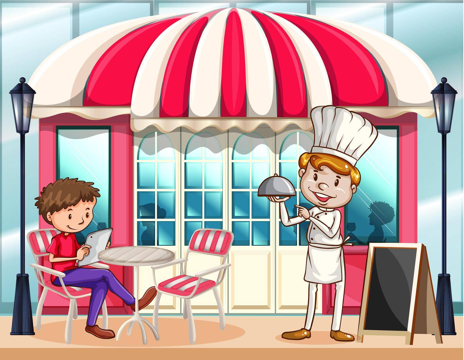 Cafe scene with chef and customer illustration