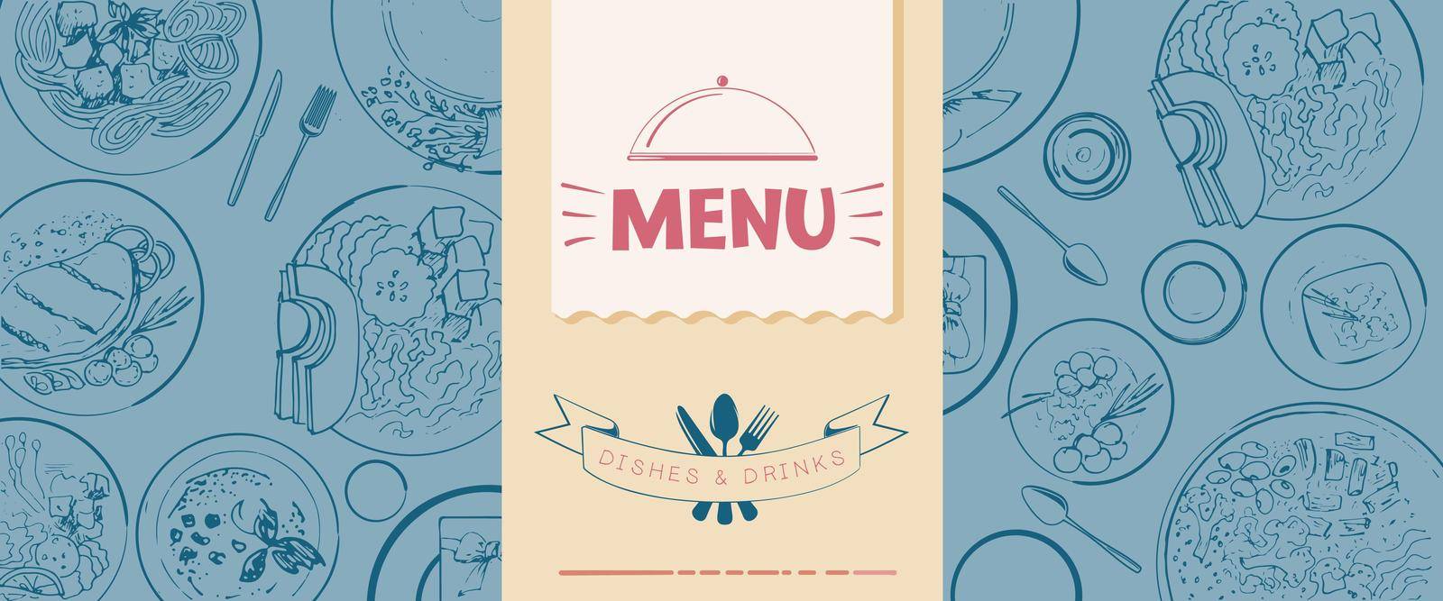 Menu template for a restaurant. Cover of a brochure with dishes drawn in the style of a sketch.