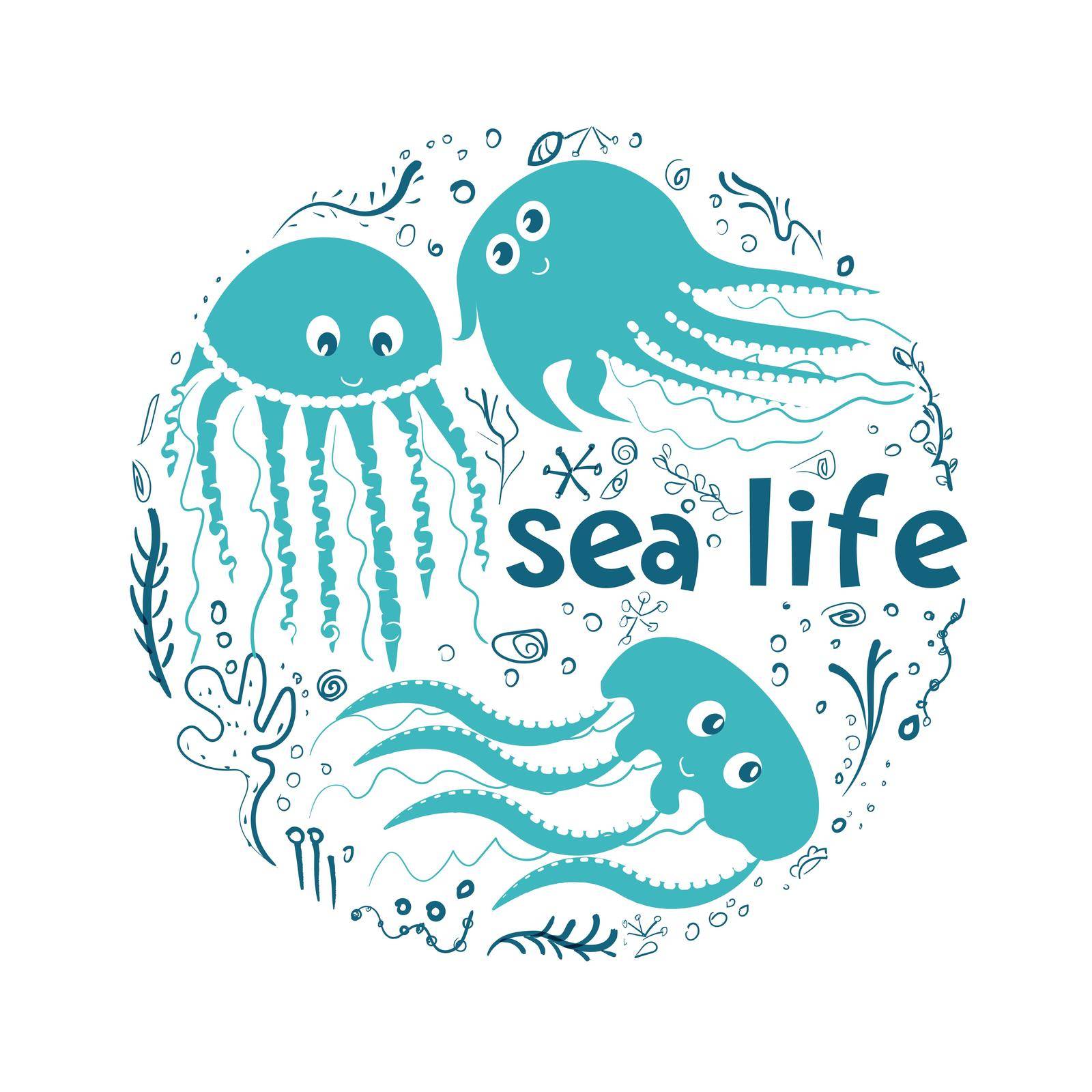 Set on the theme of marine life, vector simple illustration of marine life in the style of hand drawing, with cartoon characters - smiling jellyfish. In the form of a round sticker, isolated.