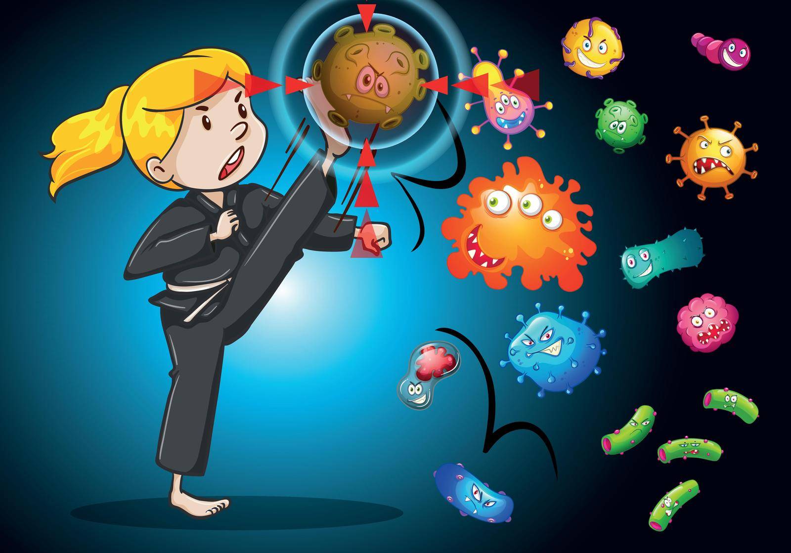 Girl fighting with bacteria illustration