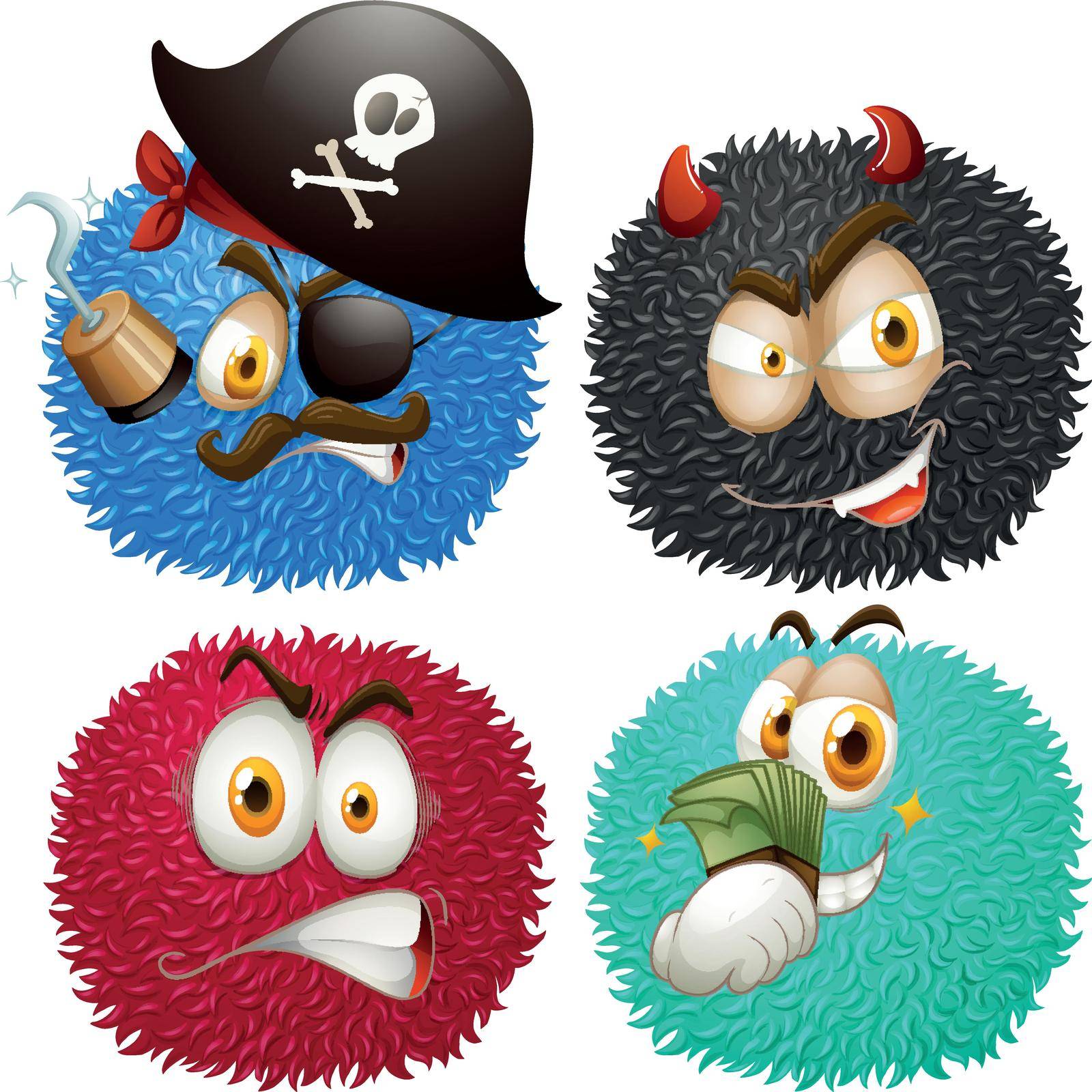 Set of fluffy balls with emoticons illustration