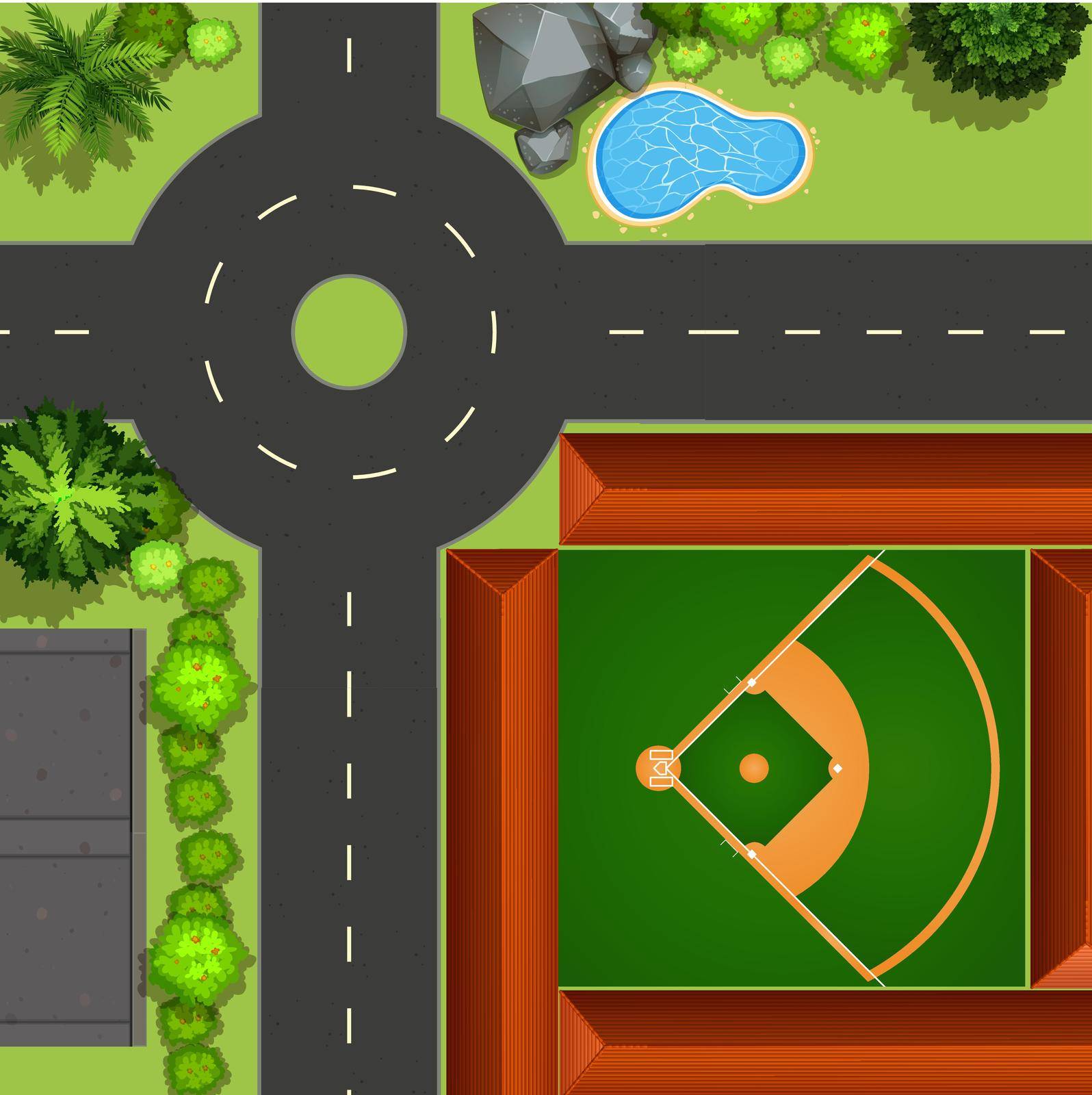 Topview of baseball field in the big park