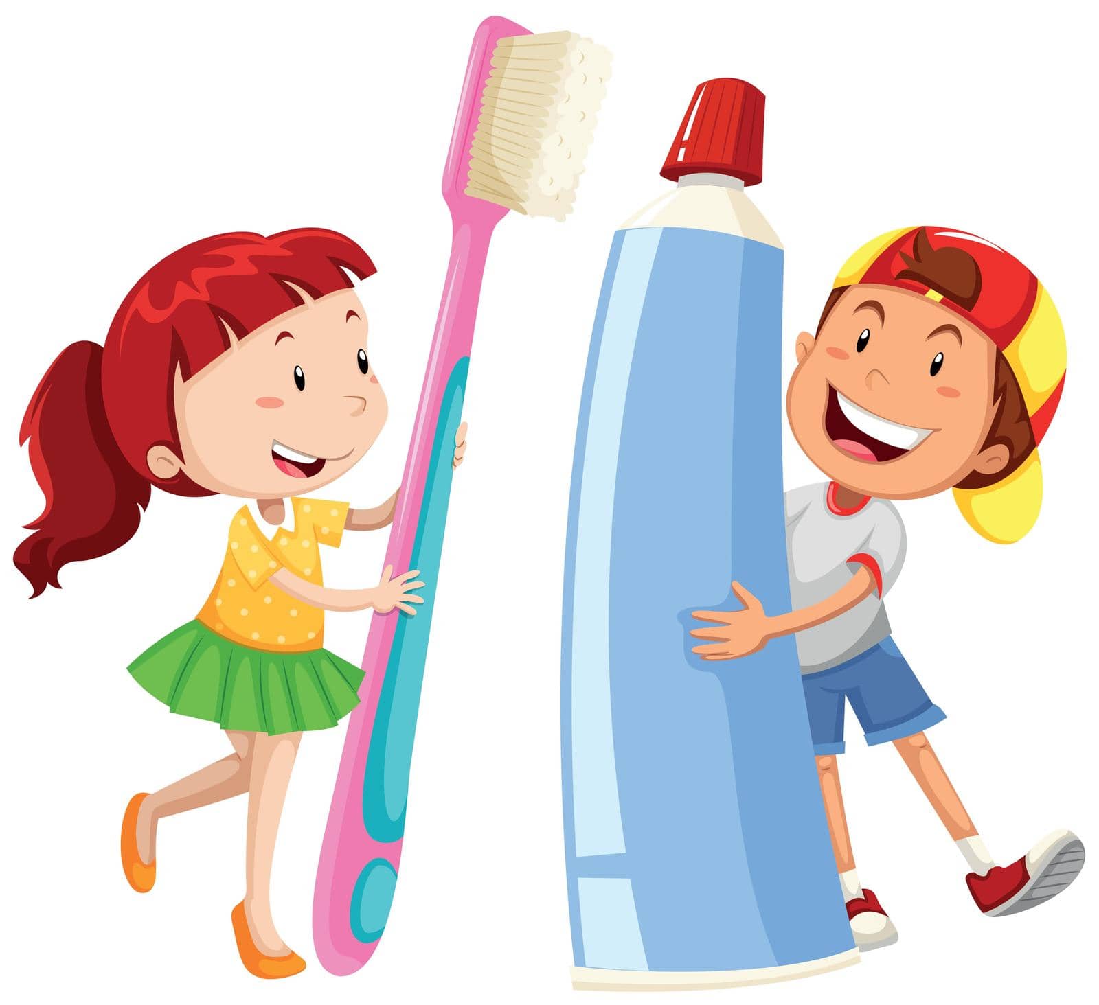 Boy and girl with giant toothbrush and paste by iimages