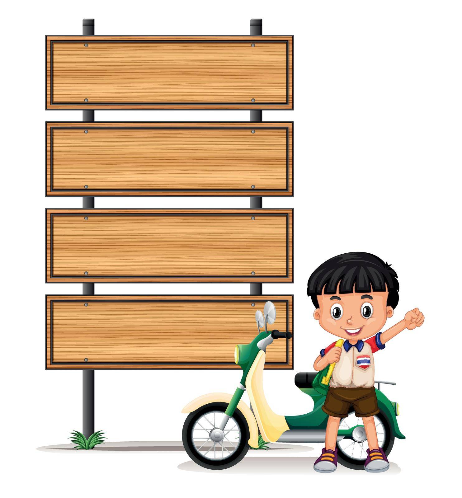 Thai boy and motorcycle by the roadsigns illustration