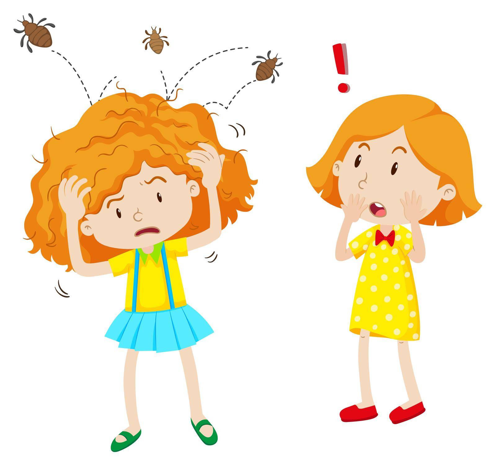 Girl with head lice jumping in her head illustration