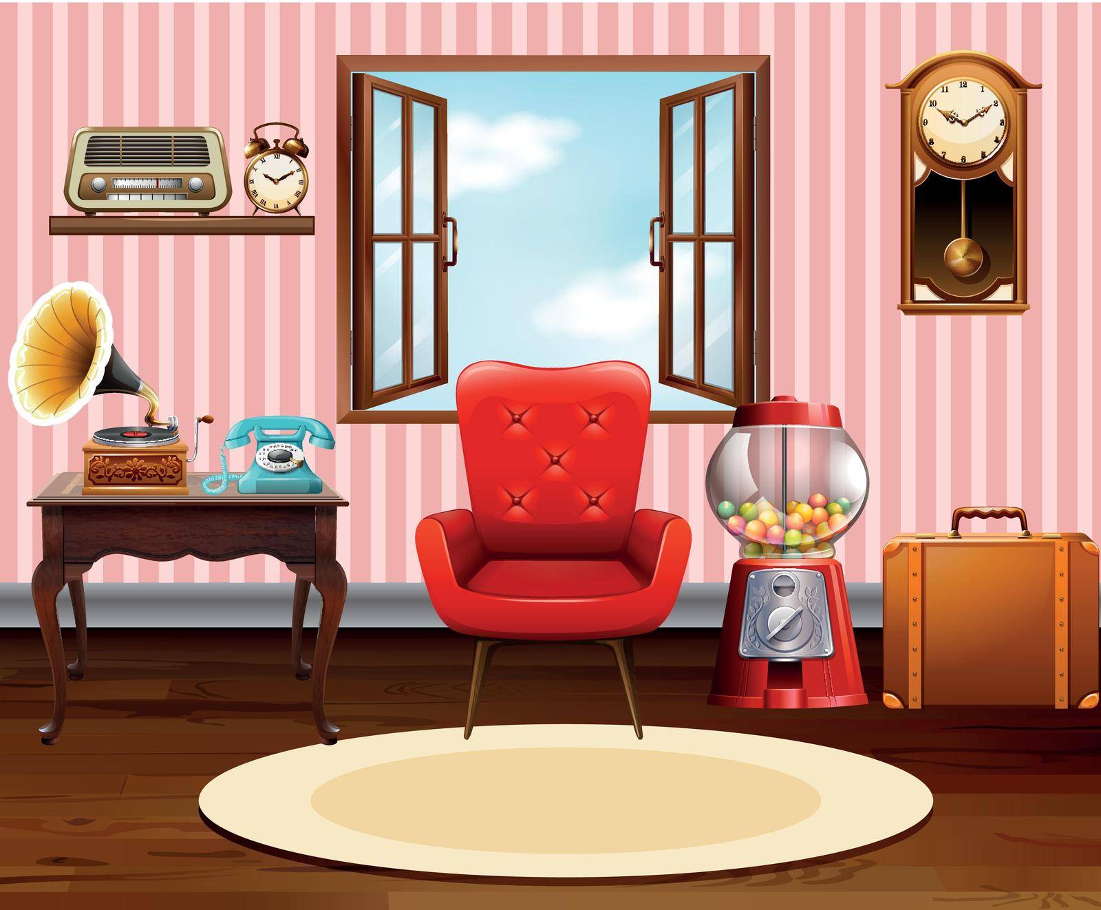 Living room with vintage objects illustration