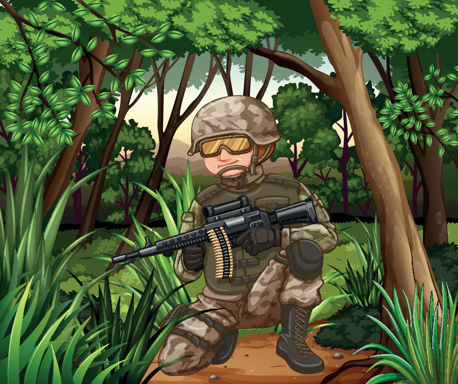 Soldier with gun in the jungle illustration