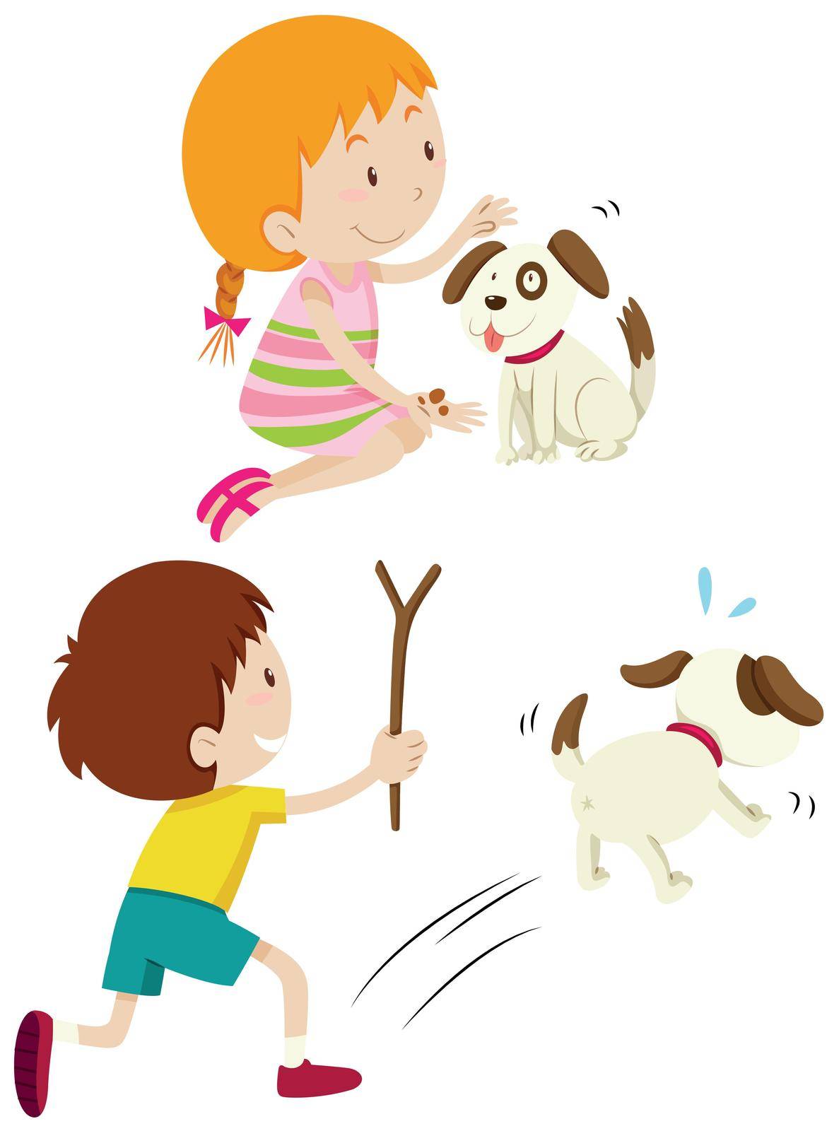 Girl feeding dog and boy chasing dog by iimages