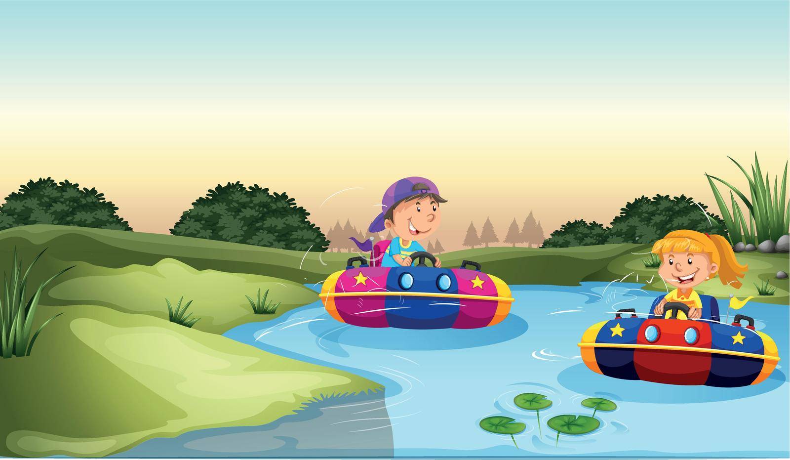 Children riding on rubber boats illustration