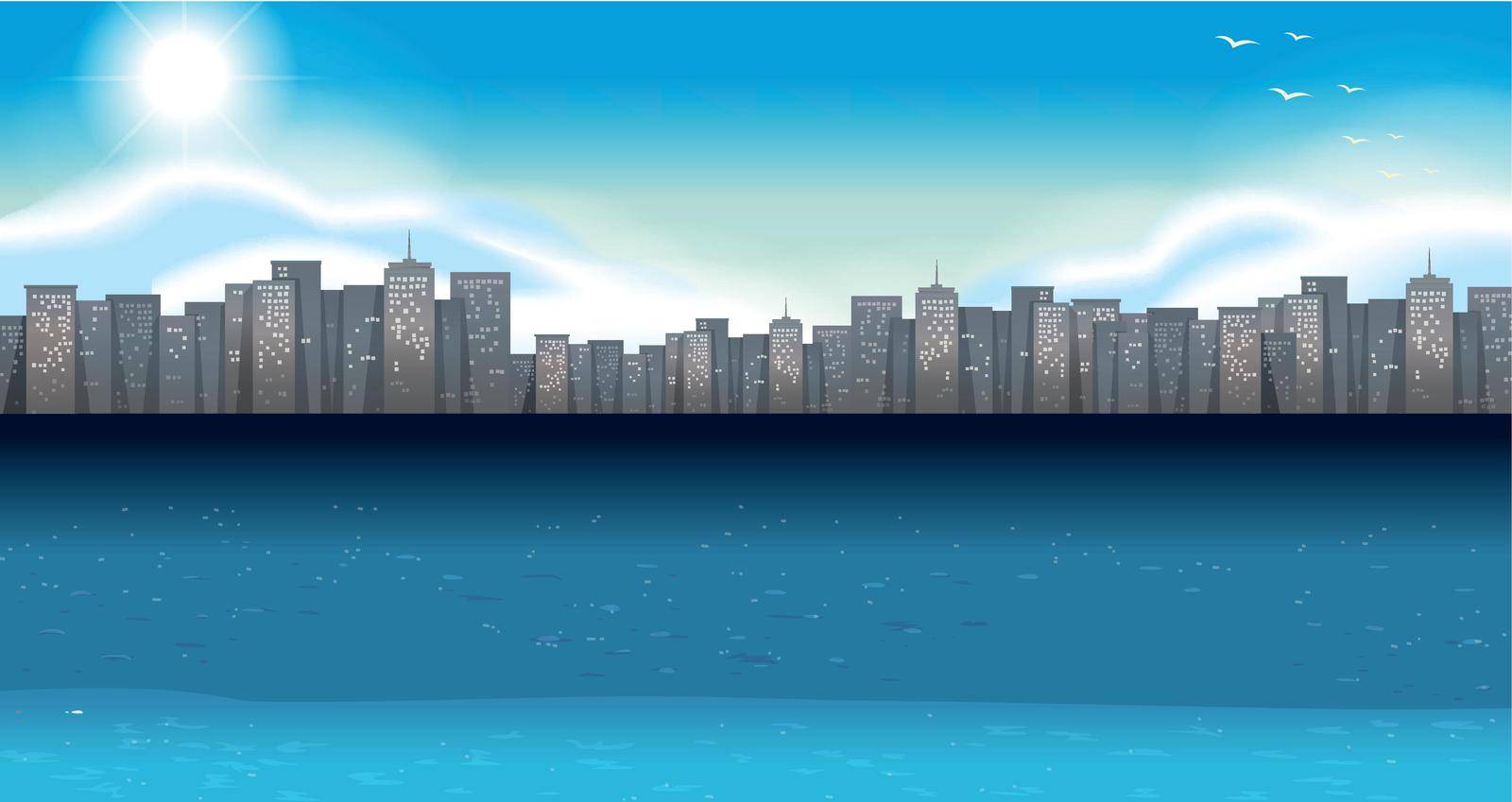 Ocean scene with buildings in background illustration