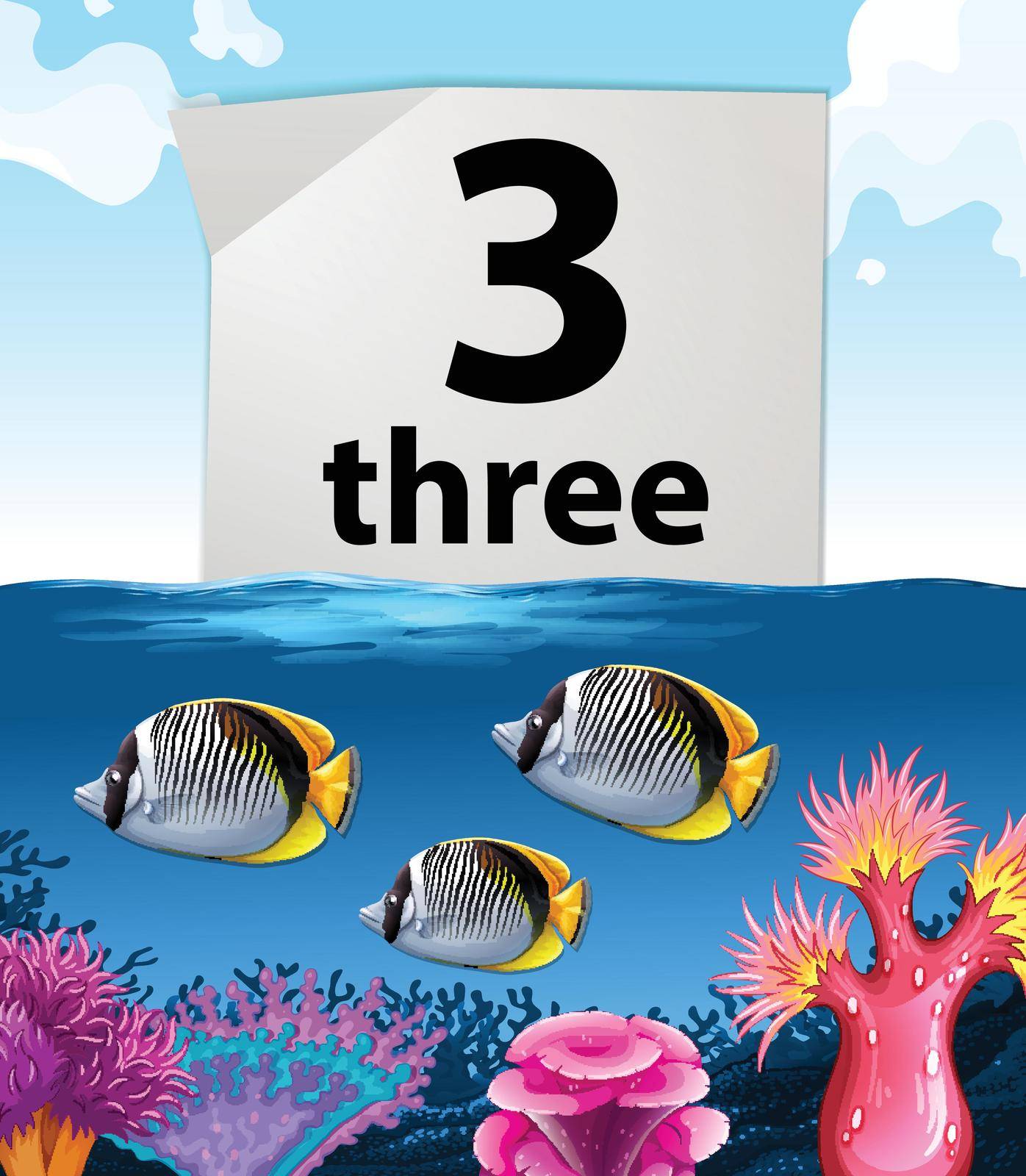 Number three and three fish underwater illustration