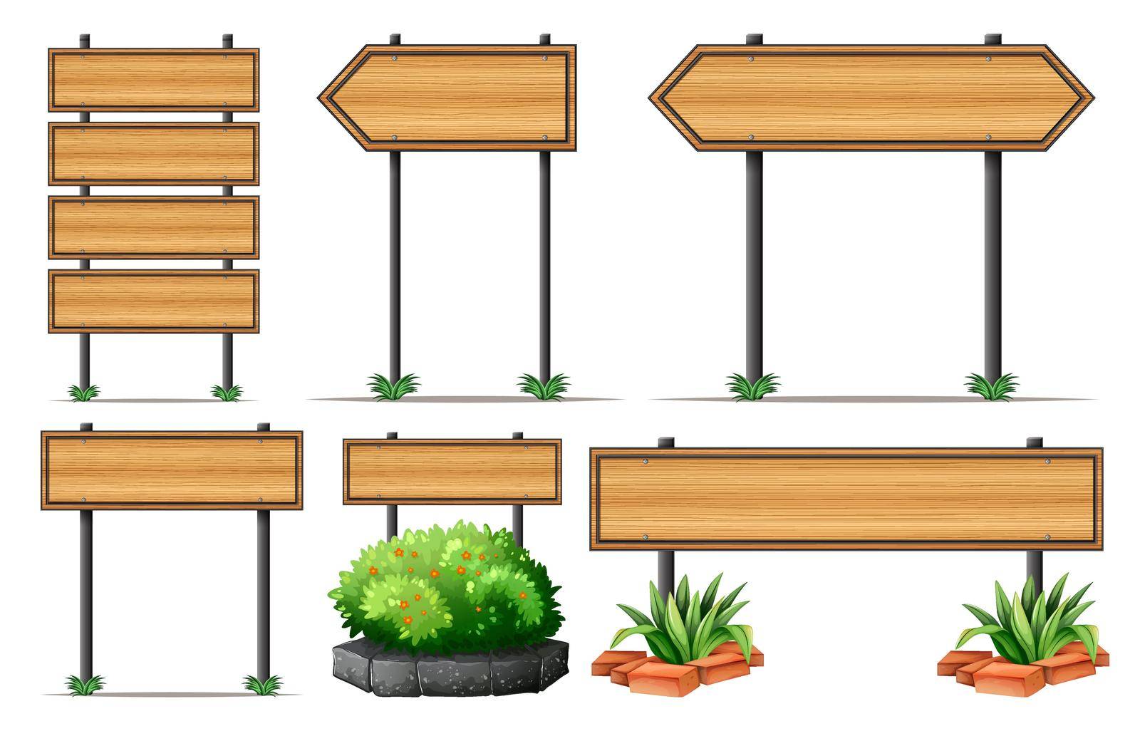 Wooden signs and bush illustration