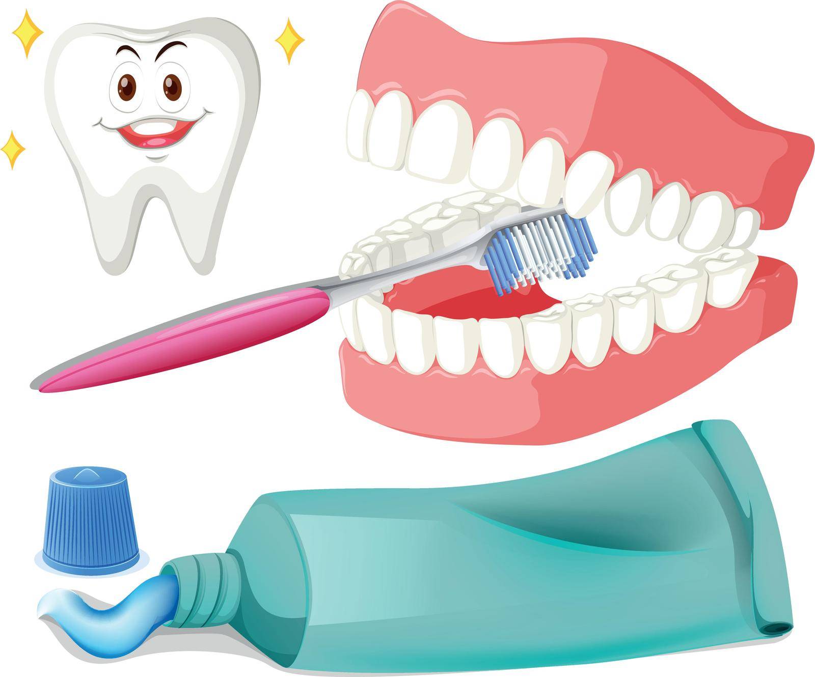 Brushing teeth with brush and paste illustration