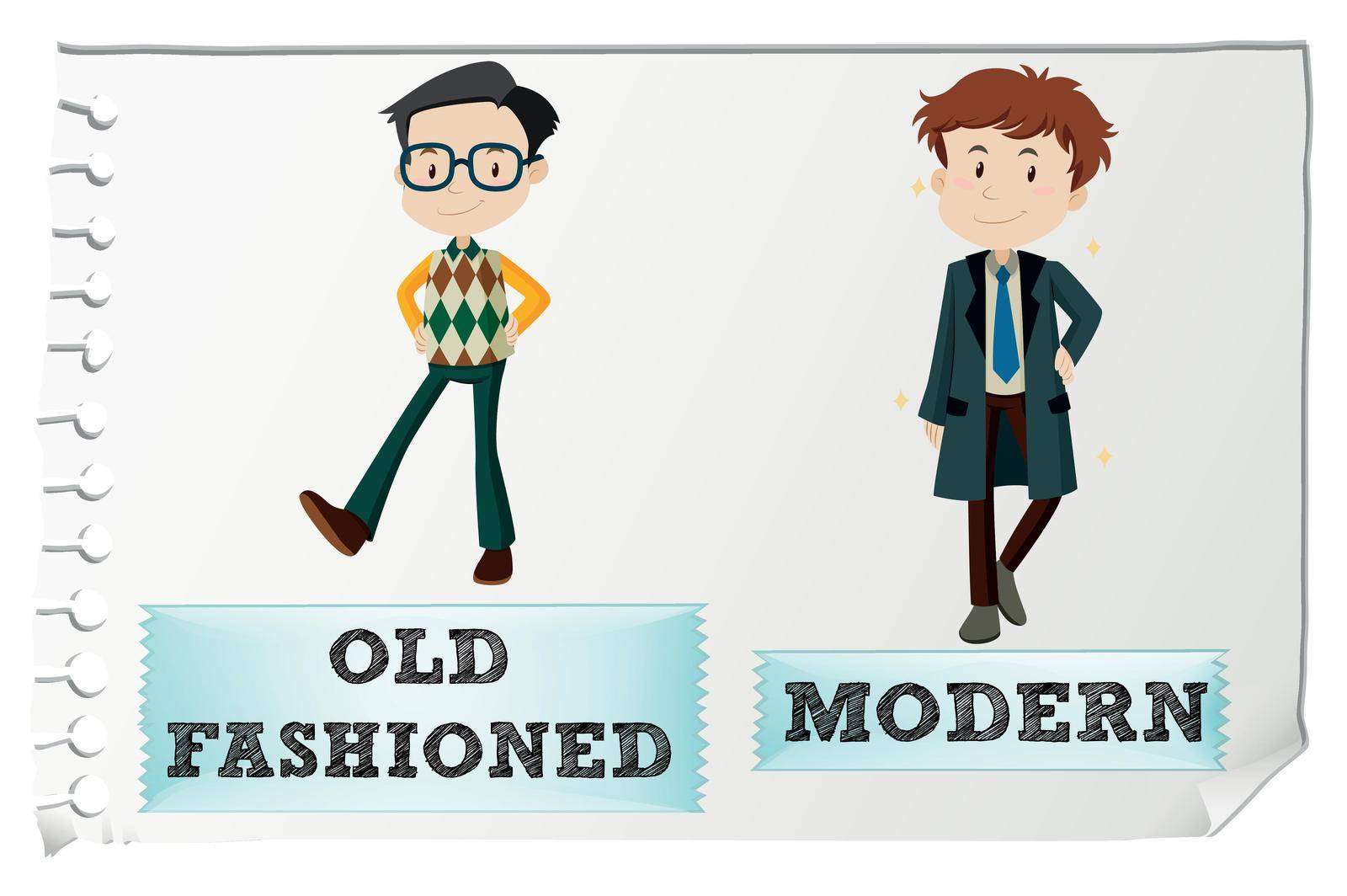 Opposite adjectives with old-fashioned and modern illustration
