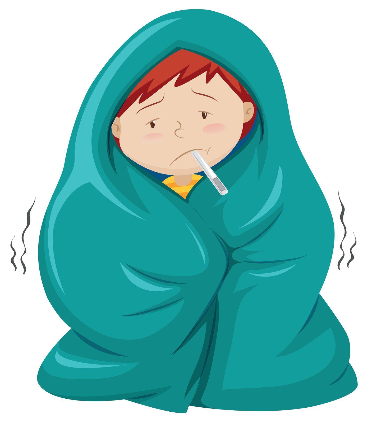 Kid under blanket having fever by iimages