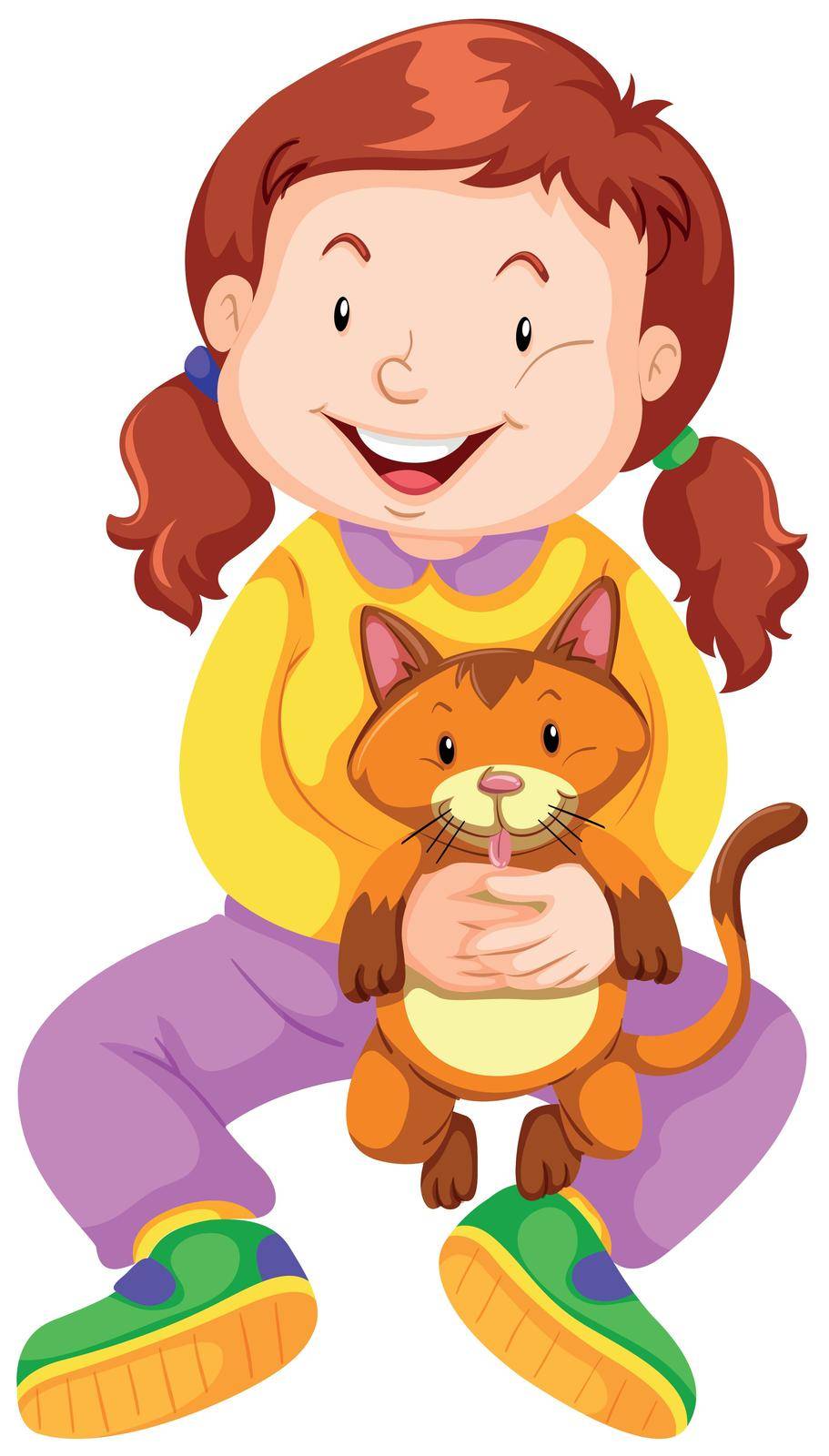 Little girl with pet cat illustration