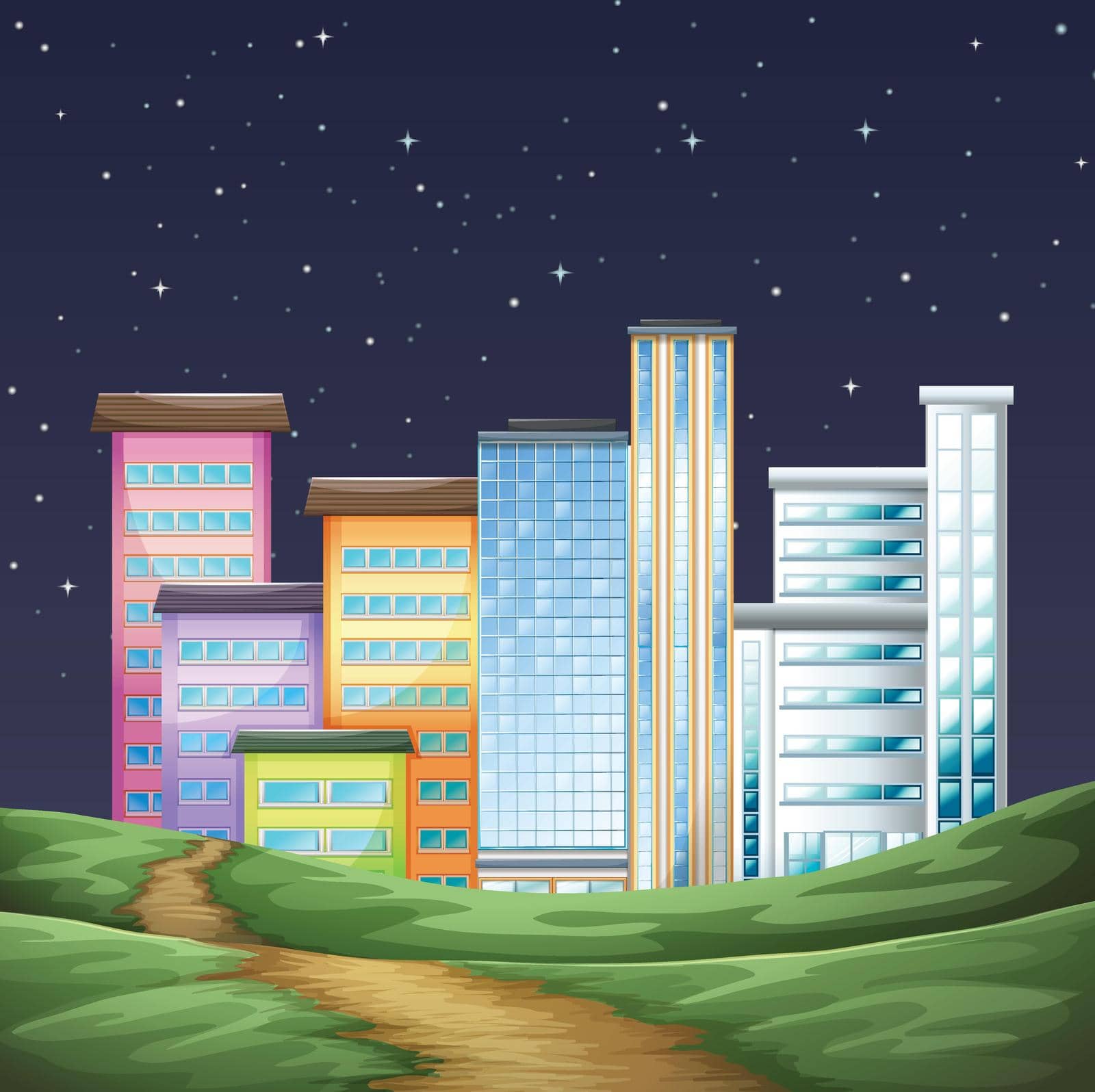 Park and buildings in the city at night illustration